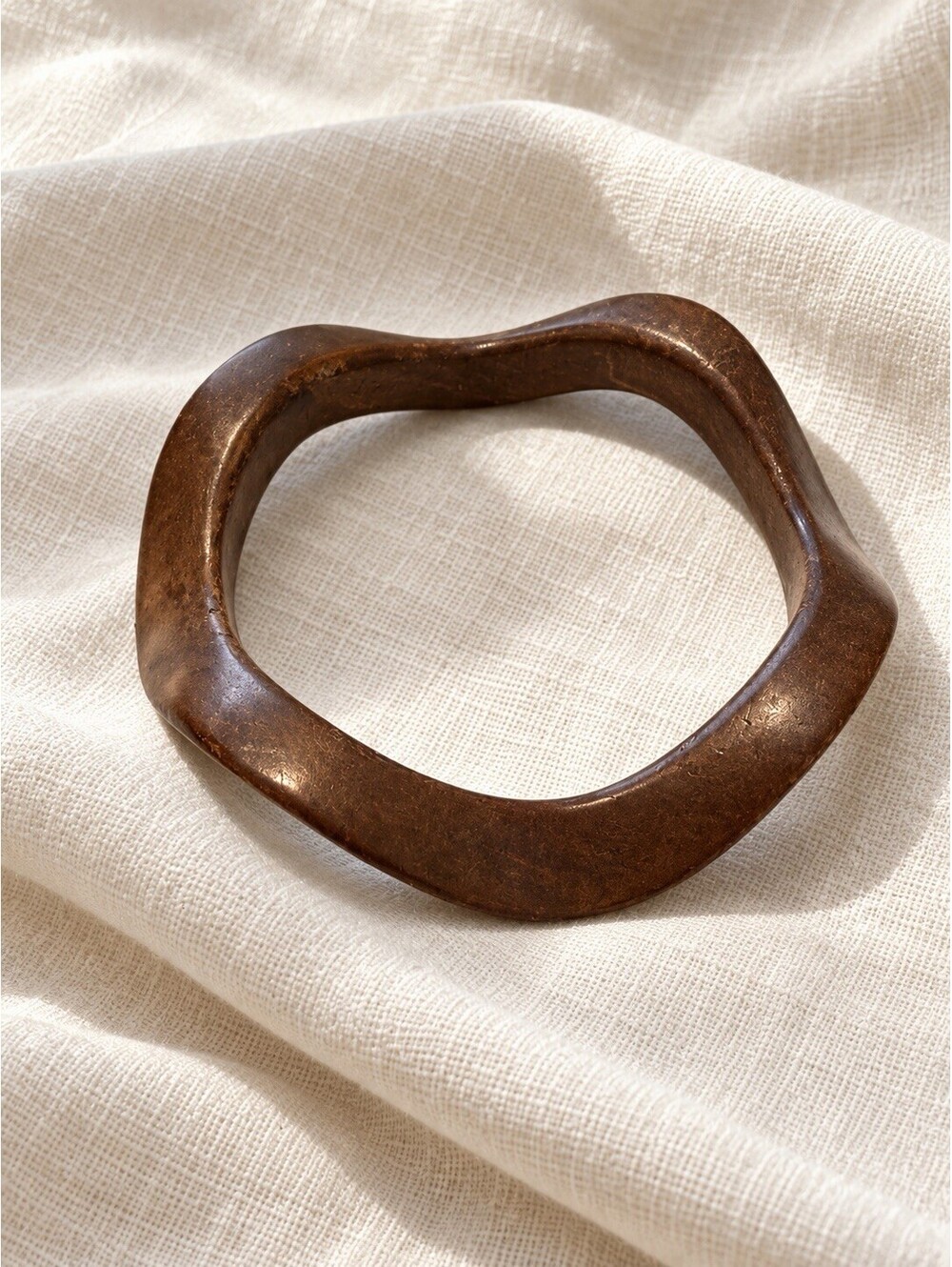 🤎 Brown Wooden Bangle Bracelet Sculptural Wavy Freeform Design